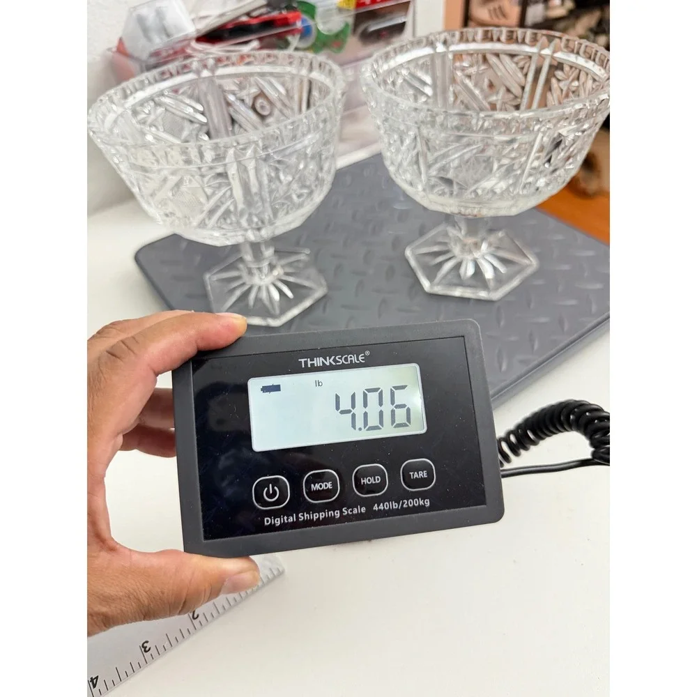 Vintage Pressed Glass Compote Bowls Set of 2 Starburst Diamond Cut Pedestal Dish